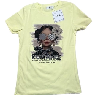 เสื้อยืดคอกลมแขนสั้น รีดเพชรลายผู้หญิงใส่แว่นดอกไม้ทัดหู ป้าย ME