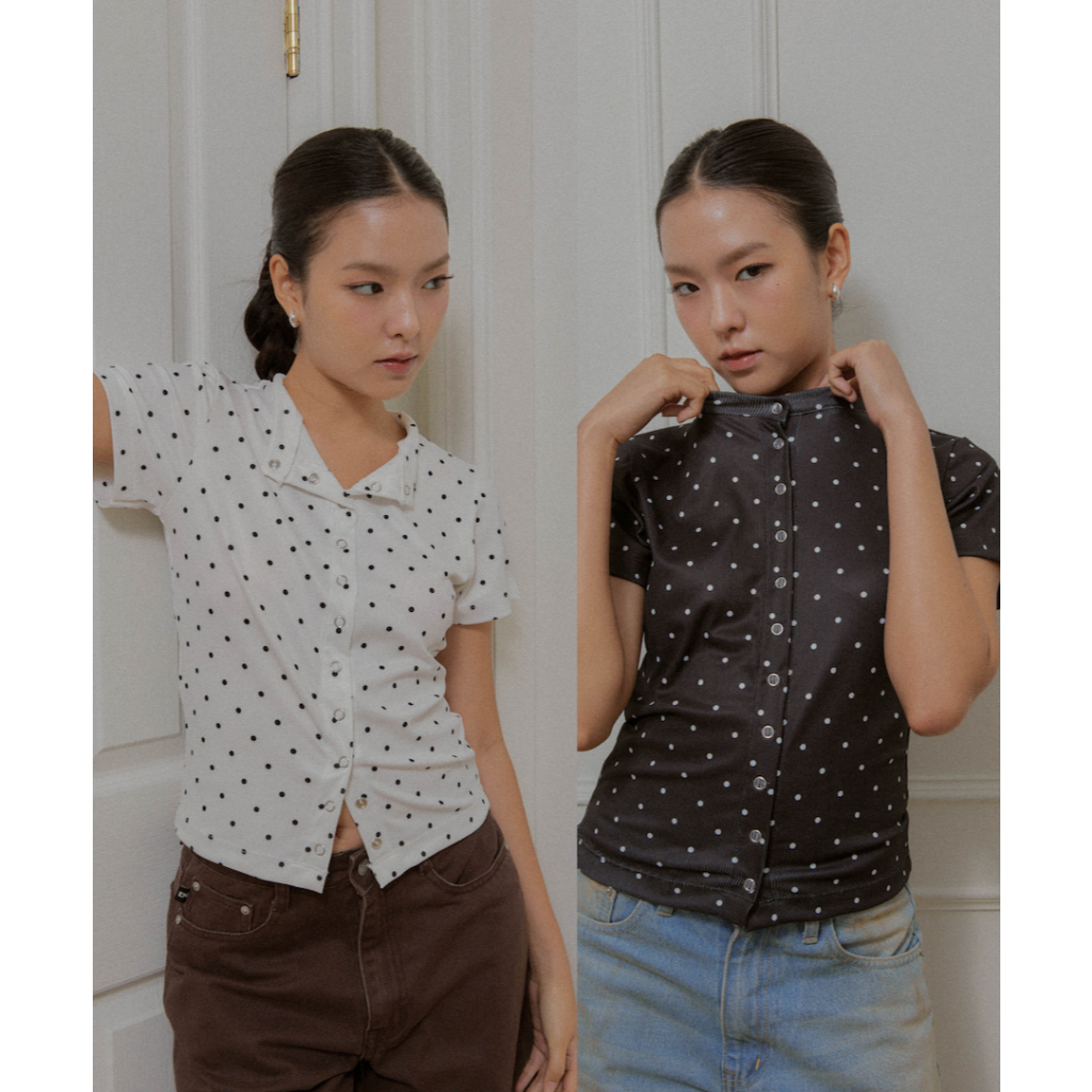 ENDOFMARCH | POLKA DOTS SHIRT เสื้อลายจุด กระดุมสแนป สีขาว-ดำ