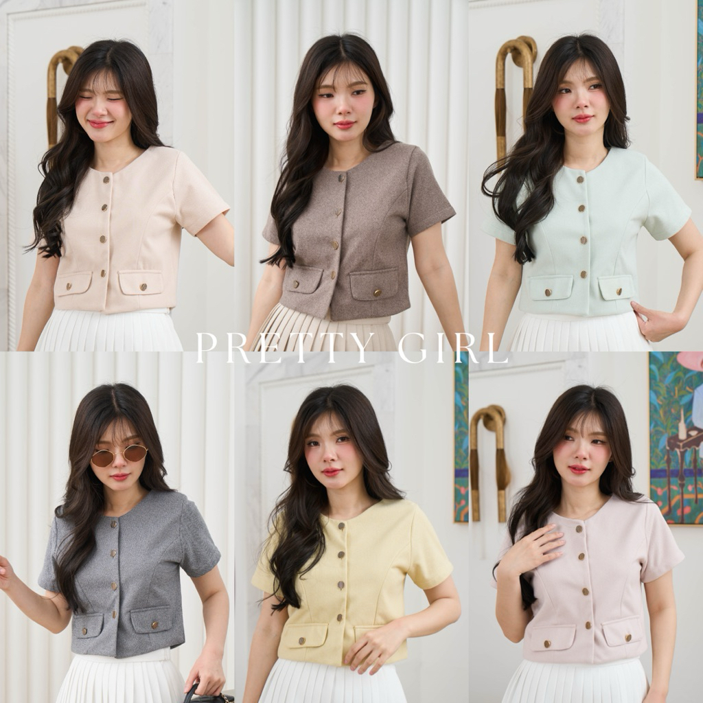 PRETTY GIRL (เฉพาะเสื้อ) เสื้อคอกลมแขนสั้น ผ้าทวีตลาย เนื้อหนานุ่ม แต่งกระดุมสีดำขอบตัดทอง