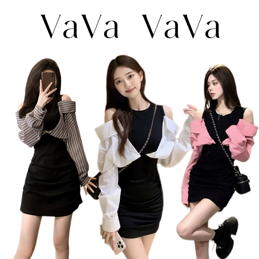 VaVa【ในสต็อก】ชุดเดรสแขนยาวเปิดไหล่สไตล์เกาหลีสำหรับผู้หญิงฤดูใบไม้ผลิและฤดูใบไม้ร่วงกระโปรงไหล่ข้างเดียวเอวเล็ก