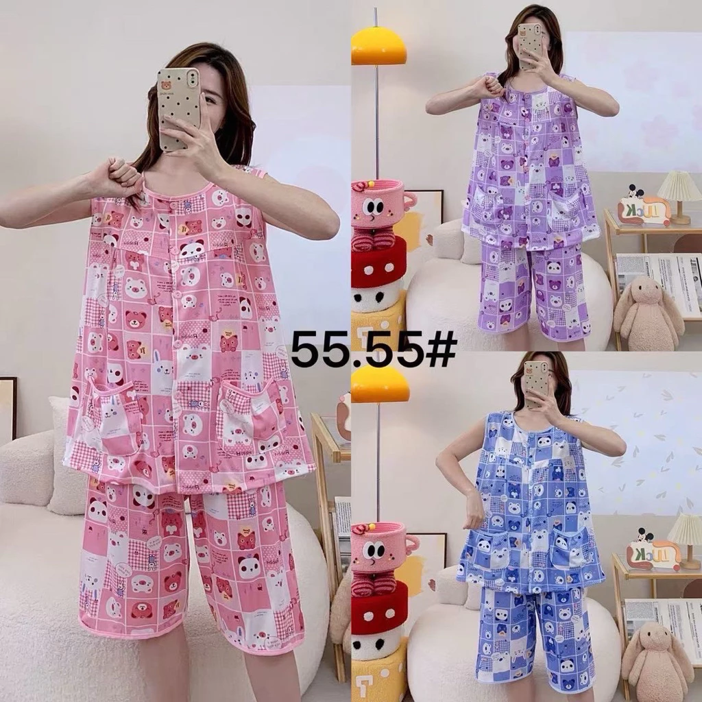 พร้อมส่ง!!ชุดนอนแขนกุดกระดุมผ่าหน้าขาสั้น ผ้านิ่มยืดใส่สบาย รอบอก 48 นิ้ว