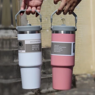 แก้วสแตนเลส304 รุ่นมีหูหิ้วมีหลอด แก้วเก็บความเย็น อุณหภูมิร้อน 900ML 30oz สไตล์ยอดนิยม