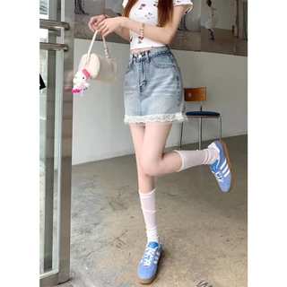 Beautified กระโปรงยีนส์สั้นหญิงขอบลูกไม้ เอวสูงคลุมสะโพก ดูผอมเพรียขายาวขึ้น เมทร์ง่ายประจำวัน