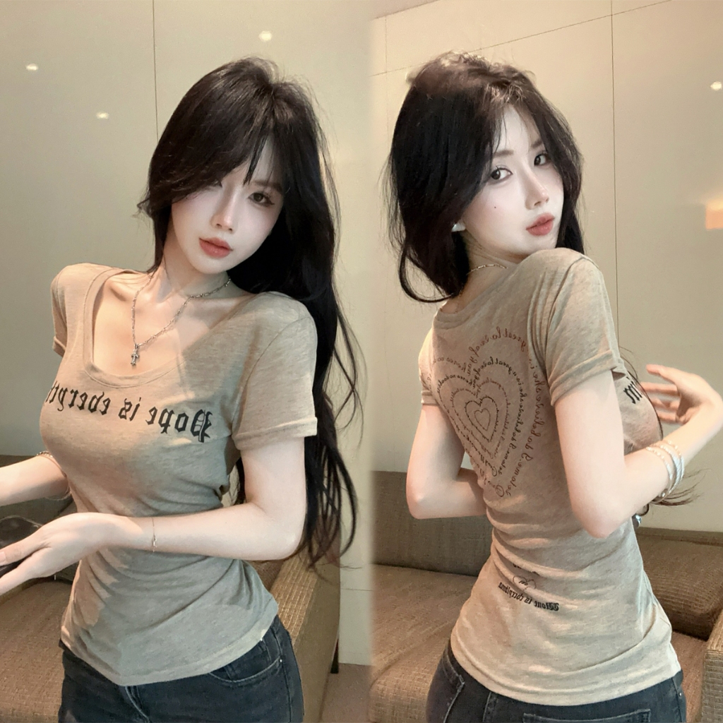 เสื้อยืน เสื้อยืดคอกลม ไหล่ตรง ผ้ายืดได้ สไตล์Y2K#2327