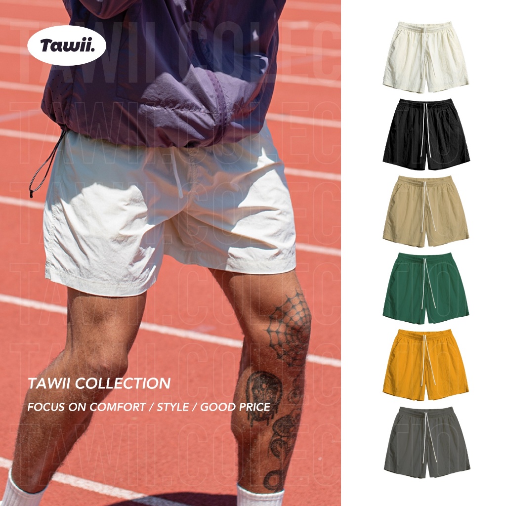 Tawii. กางเกงขาสั้น ผู้ชาย กีฬากลางแจ้ง กันน้ำและแห้ง กางเกงขาสั้นสีทึบ วัสดุไนลอน ระบายอากาศได้ดี