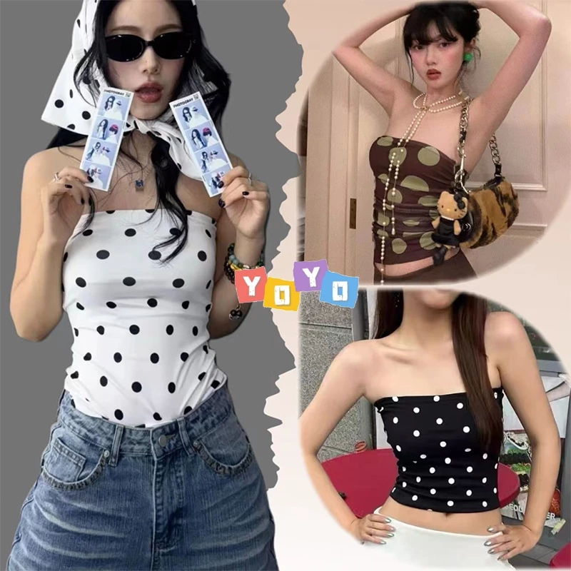 YOYO พร้อมส่ง🌈เสื้อกล้ามผู้หญิง🌈เกาะอกลายจุด เสื้อครอป ทรงรัดรูป สไตล์อเมริกัน Polkadot แขนกุด ดีไซน์เก๋ไก้และเซ็กซี่