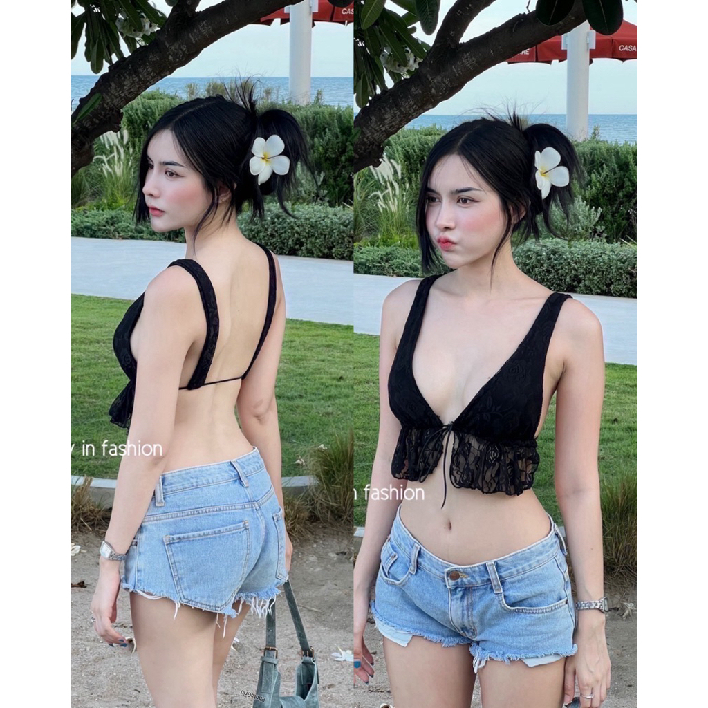 MNV STUDIO เสื้อสายเดี่ยวผ้าลูกไม้ตัวจิ๋ว เว้าหลังสุดแช่บ
