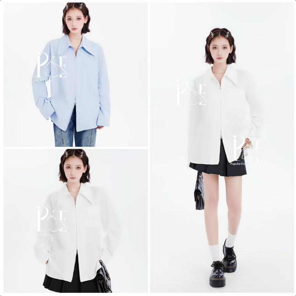 พร้อมส่ง เสื้อเชิ้ตมีซิปบน-ล่าง แขนยาว คอปก โอเวอร์ไซส์ เชิ้ตผู้หญิง สไตล์เกาหลี เสื้อมินิมอล Clothing Women