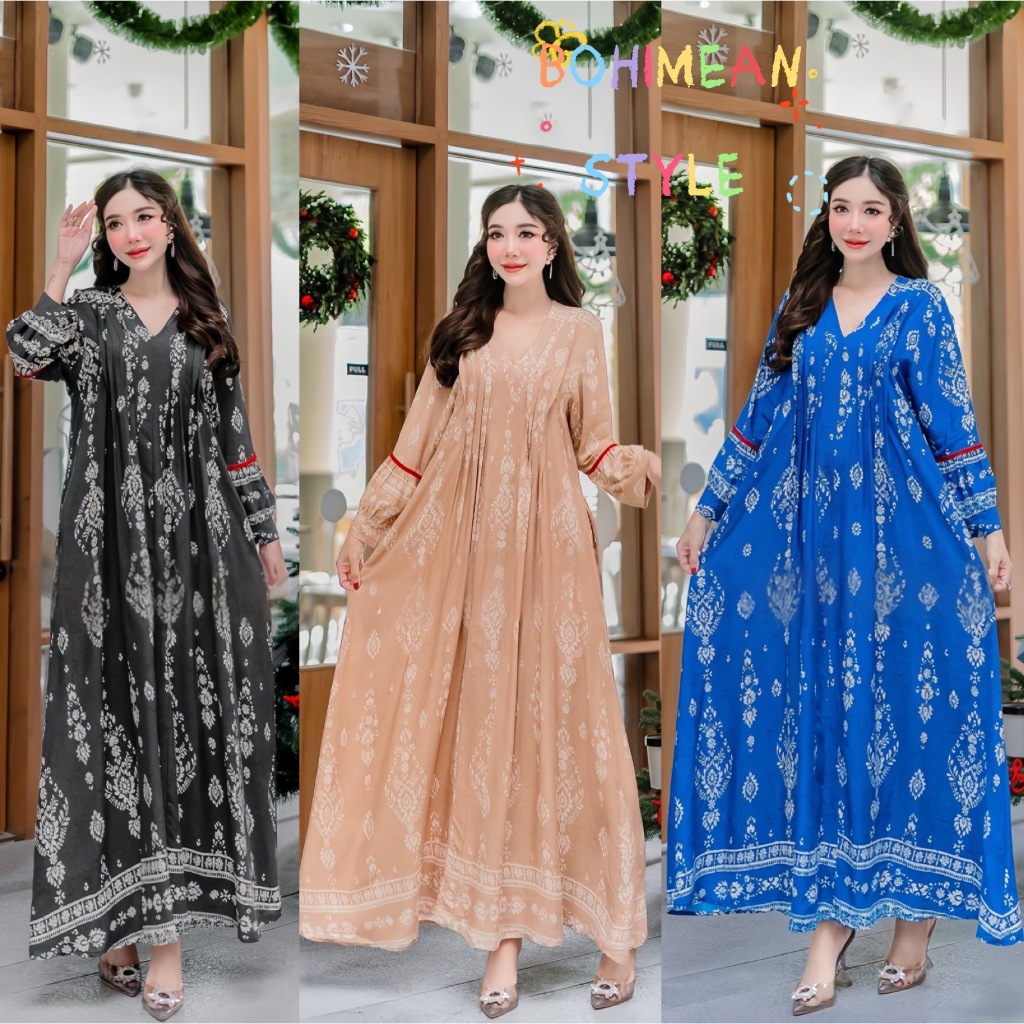 พร้อมส่ง เดรสทรงกิมโมโนผ้าพิมพ์ลายอินเดียสไตล์โบฮีเมียน เสื้อผ้าสาวอวบอ้วน เดรสคลุมท้อง ชุดมุสลิมสวย
