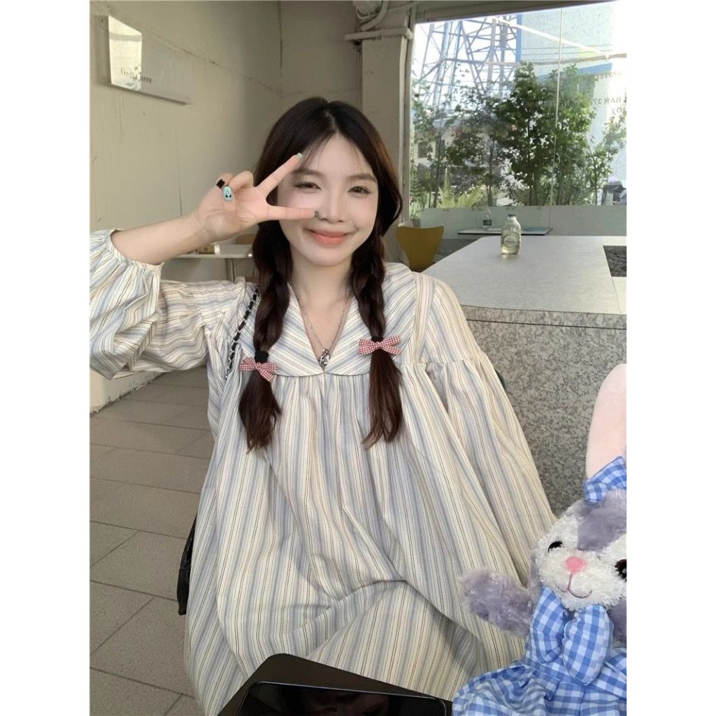 vicky~Hเวอร์ชั่นเกาหลี แถบ แขนยาว เสื้อเชิ้ต แฟชั่น ขนาดพลัส สไตล์ใหม่
