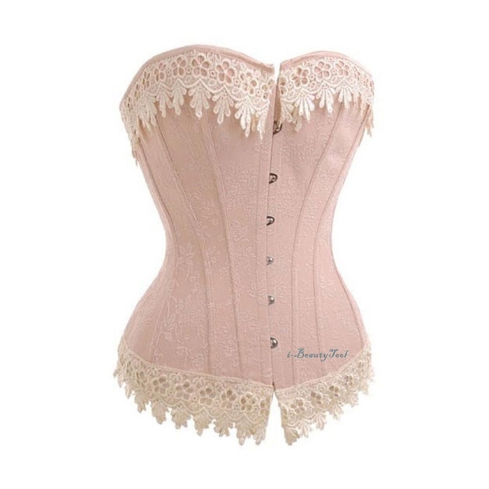 i-beautytool  คอร์เซ็ท Corset สีชมพูเบจ ตกแต่งด้วยลูกไม้ปัก สวยหวานมาก