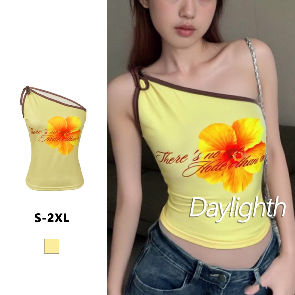 Street x Fashion เสื้อกล้ามสายเดี่ยวเซ็กซี่แบบเปิดไหล่พิมพ์ลายเปิดช่วงเอวสำหรับผู้หญิง DL