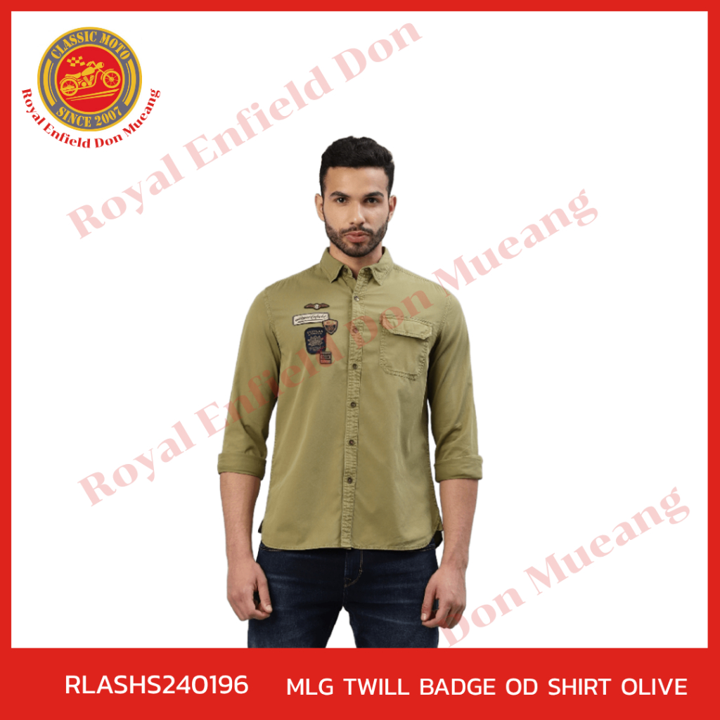 เสื้อเชิ้ต แขนยาว เสื้อคอปก MLG TWILL BADGE OD SHIRT OLIVE  แบรนด์แท้ Royal Enfield โรยัลเอนฟิลด์