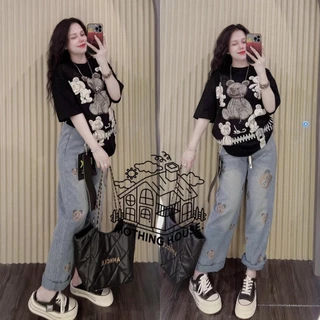 No.Set5590 ชุดเซ็ท2ชิ้น เสื้อแขนสั้น+กางเกงขายาว*ผ้ายีนส์เทียม* สกรีนลายหมีหลายตัว ชุดเซ็ท เสื้อผ้าแฟชั่น