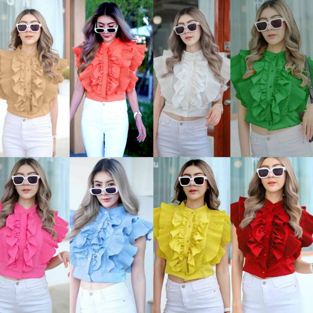 เสื้อใส่ทำบุญ ไปวัด งานแต่งงานบวช มีคอปกกับคอจีนทรงเป็นครอปแขนกุด แต่งระบายอัดพลีด นัวๆ ละมุนมาก  กระดุมหน้า งานผ้านิ่ม