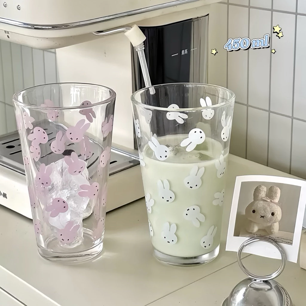 แก้วน้ำ กระต่าย miffy 450 ml มีหลอด แก้วกาฟ ลายกระต่าย น่ารัก สีชมพู วัสดุแก้ว ส่งจากกรุงเทพ