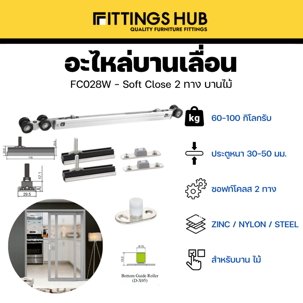 อะไหล่บานเลื่อน Soft Close สองทาง / Soft Close + กดกระเด้ง 80 กิโล-Fittingshub