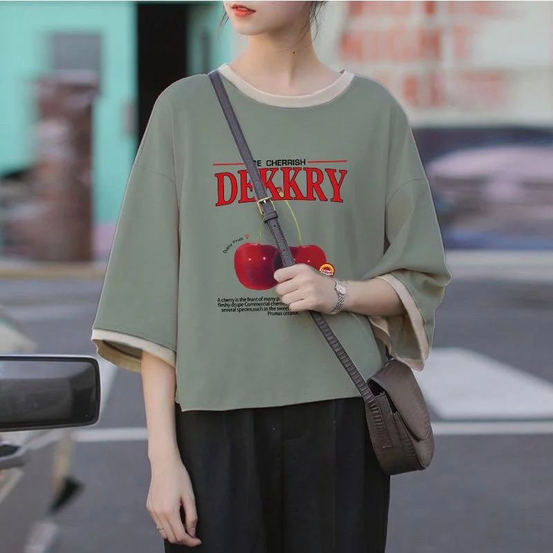 เสื้อครอปสาวอวบอ้วนไซส์ใหญ่ oversize เสื้อผ้าแฟชั่นวัยรุ่นน่ารัก เสื้อยืดลายการ์ตูนสวยๆผู้หญิงฤดูร้อนใหม่ แขนห้าส่วนสีทู thumbnail 7