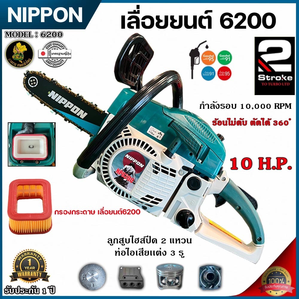 เลื่อยยนต์ เครื่องเลื่อยไม้ ยี่ห้อNIPPON**พร้อมส่ง*รุ่น6200(4R) เครื่องใหญ่ ลูกสูบไฮสปีด2พ็อต 9แรงม้