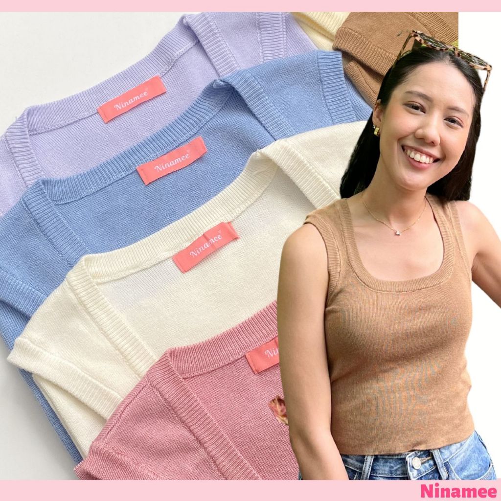 🍒Ninamee เสื้อกล้ามครอปไหมพรม อก26-44 นิ้ว พาสเทล ดีไซน์คอสวย ทรงดีงาม เสื้อกล้ามคอเหลี่ยม ใส่สบายๆ #6650