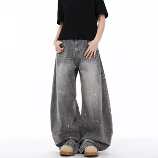 toki- กางเกงยีนส์ผู้ชาย ทรงตรง ทรงหลวม สีเทา กระบอกใหญ่ทรงบอลลูน Unisex ไซส์ M-3XL สไตล์อเมริกันวินเทจ baggy jeans