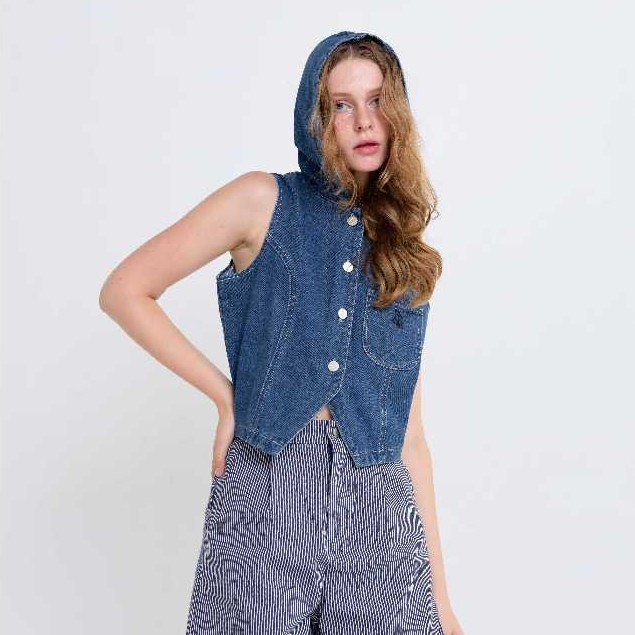 ノノ เสื้อฮู้ดยีนส์เดมี่ กระดุมปั้มตัว P #506 ノノ