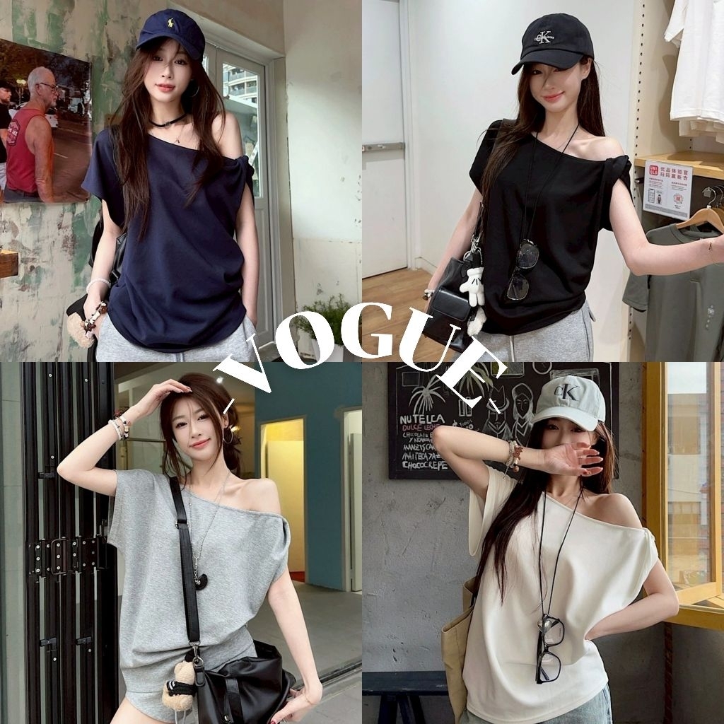 Vogue🌟พร้อมส่ง🌟 เสื้อเปิดไหล่ แขนสั้น สีพื้น ใส่สบาย เท่ๆยืดกำลังดี (FYP66)