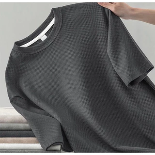 PROMAN เสื้อยืดผู้ชาย ผ้าวาฟเฟิลนุ่ม สไตล์เกาหลี ผ้าคอตตอนแท้ ใส่สบาย ระบายอากาศ ทรงสวย ไซส์ เสื้อสีล้วน M-3XL รับCOD