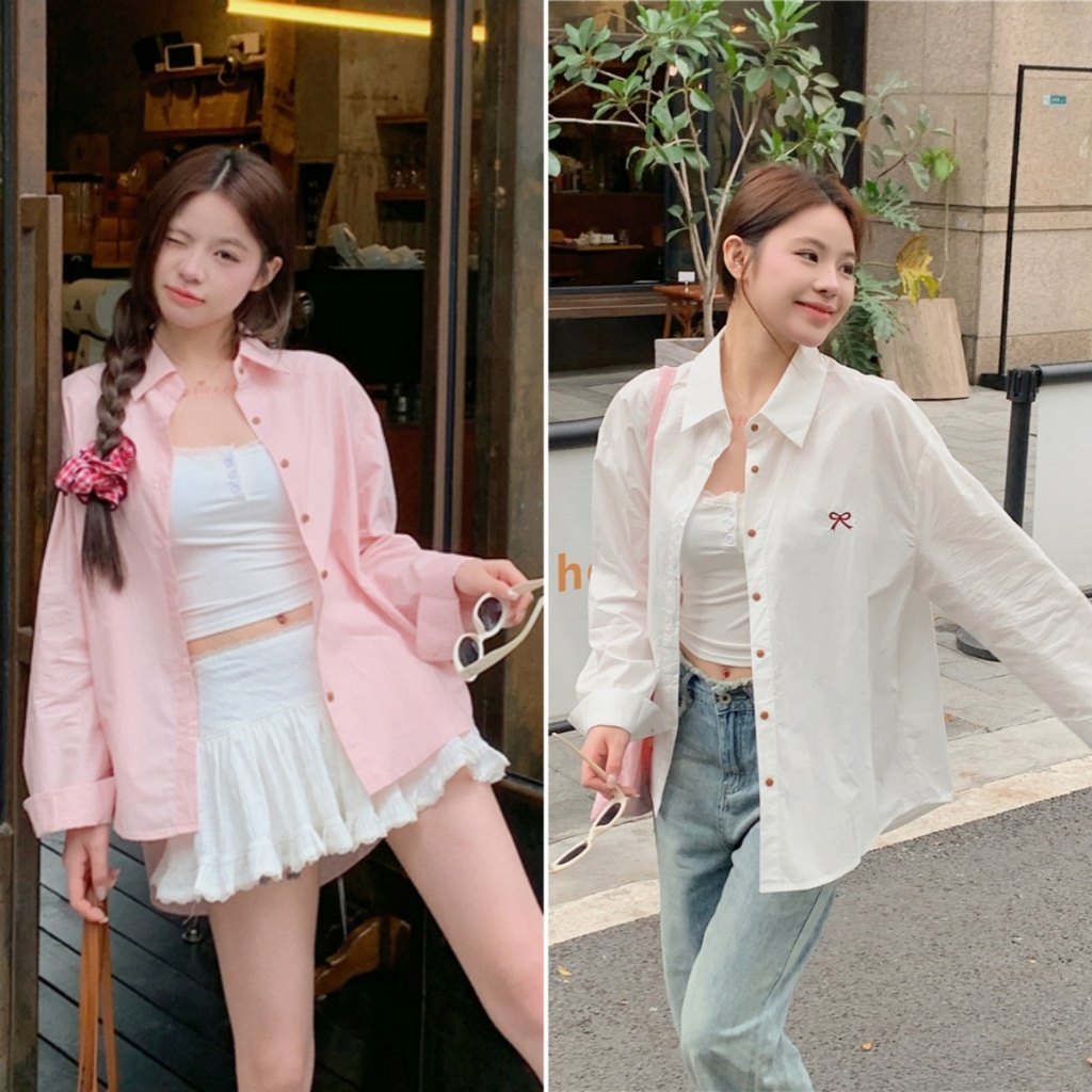Beryl เสื้อเชิ้ตแขนยาว สีพื้น ปักลายโบว์ ทรงหลวม สีชมพู เสื้อสไตล์เกาหลีแฟชั่นลำลอง แมชง่ายกับทุกลุค