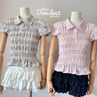 ♦️DOODEE2♦️เสื้อคอปกแขนตุ๊กตาสม็อกรอบตัว ผ้าลายตาราง กระดุมแ…