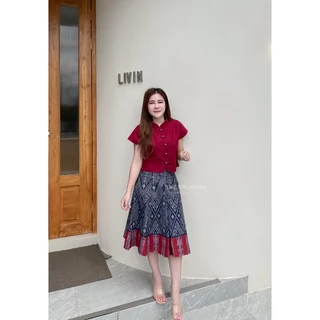 ชุดเซทผ้าฝ้ายลายไทยคอจีนชายโค้ง กระโปรงทรงย้วยงาน8ชิ้น