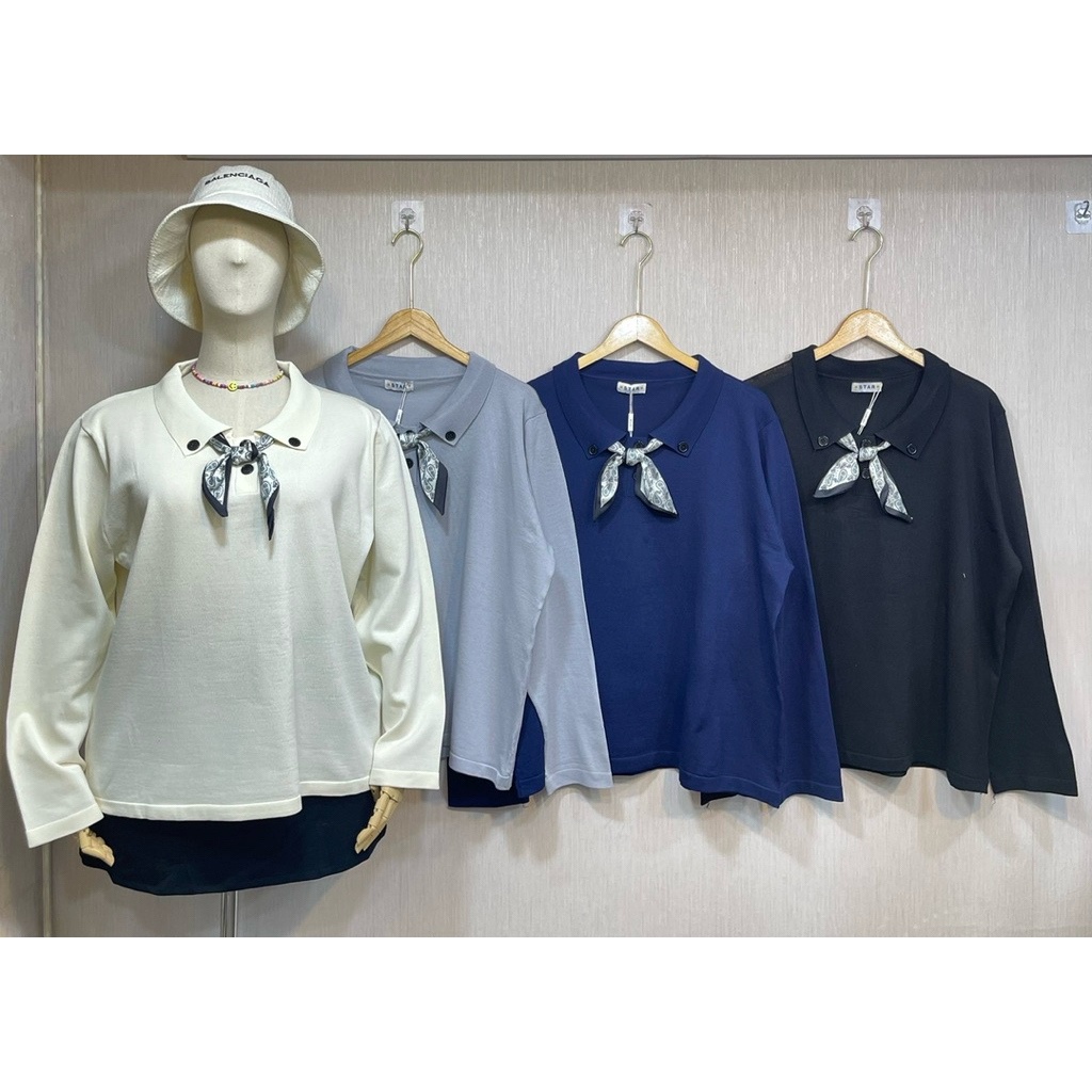 เสื้อไหมพรมคอปกแขนยาวแต่งผ้าผูกคอถอดได้ S551-1