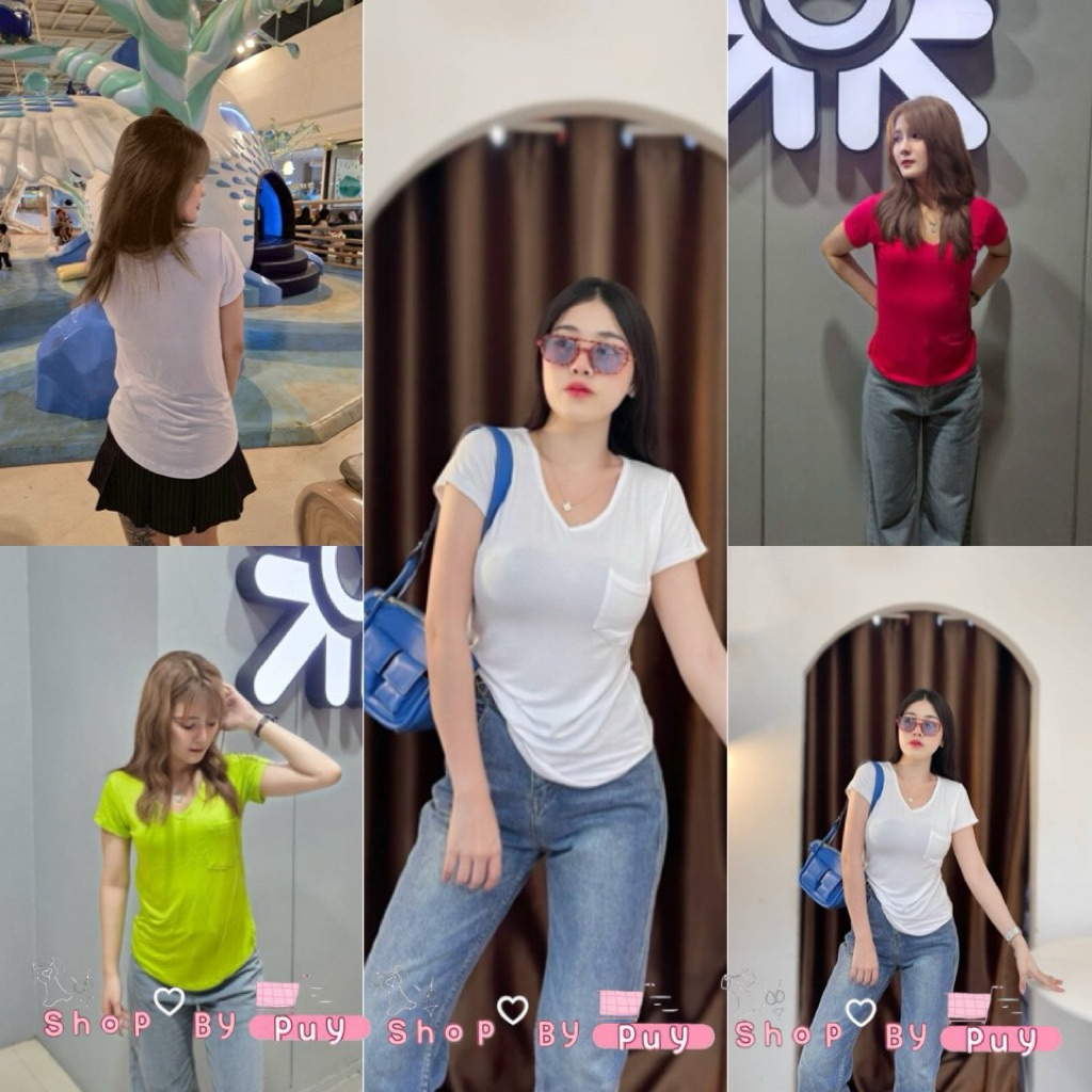 💕ShopBypuy💕เสื้อคอวีแขนสั้นกระเป๋าหน้า🔥