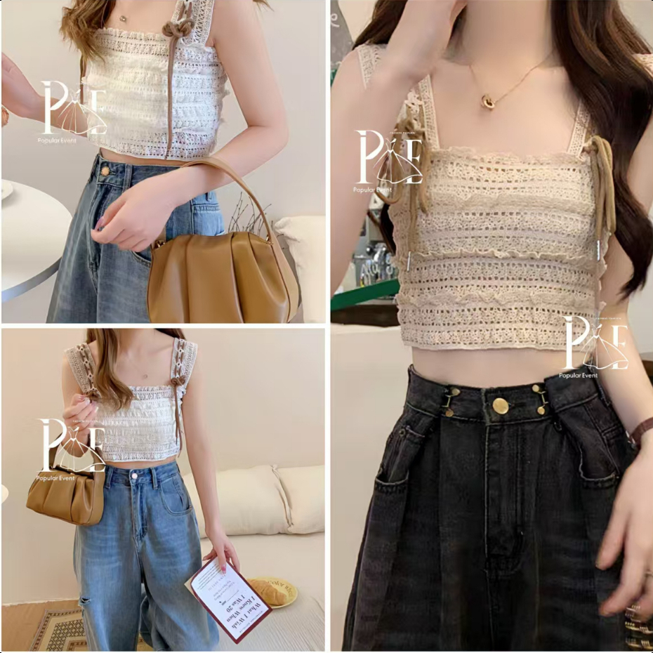 พร้อมส่ง เสื้อครอปไหมพรม มีเชือกโบว์ ระบายอากาศดี แฟชั่นมินิมอล ชุดเที่ยว ผู้หญิง Clothing