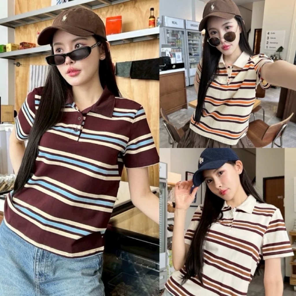 พร้อมส่ง  เสื้อโปโลลายทาง✨ ️ เสื้อโปโลขนมชั้น2สี น้ำตาลครีม เสื้ออคอปก