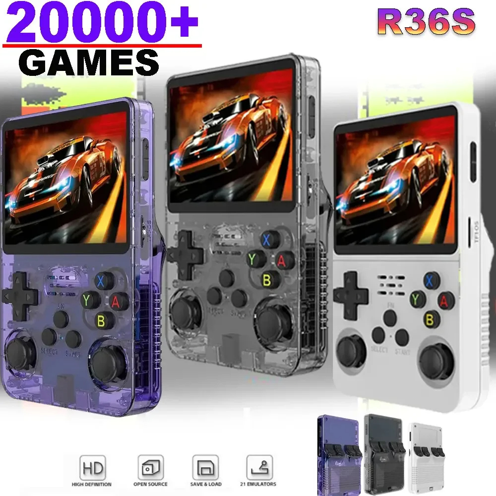 เกมR36S เครื่องเกม 3D มือถือเกมคอนโซล 3.5 นิ้วหน้าจอHD ชิประบบคู่ 20000 + เกม 3500mAh เกมบอยคลาสสิก