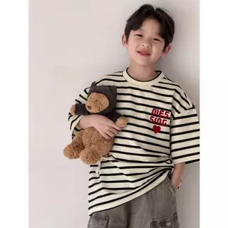 [ส่งไวจากไทย] *แค่เสื้อ* เสื้อยืดคอกลมเด็ก เสื้อแขนสั้นลายริ้ว ทรงโอเวอร์ไซส์ งานปักช่วงอก หล่อๆเท่ๆ เหมาะสำหรับ 5-14 ปี