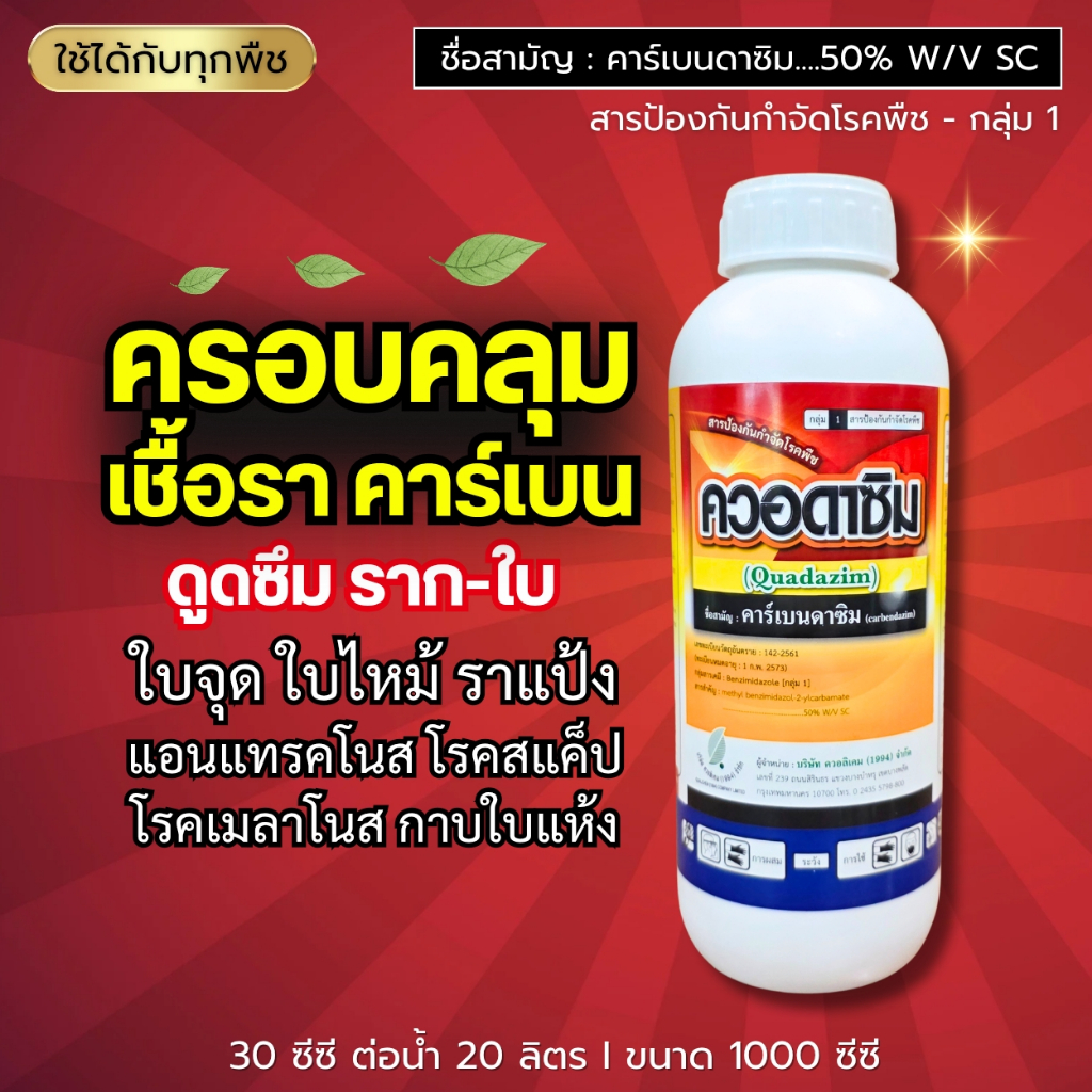 ควอดาซิม (คาร์เบนดาซิม 50%) กว้างขวางเรื่องเชื้อรา ดูดวึม อยู่ทนนาน ราน้ำค้าง โรคกุ้งแห้ง กาบใบแห้ง แอนแทรคโนส : 1 ลิตร