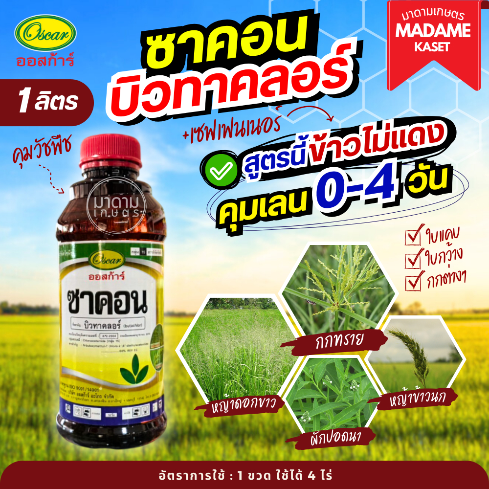 ซาคอน-ออสก้าร์ (บิวทาคลอร์ 60%+เซฟเฟนเนอร์) 1 ลิตร สูตรนี้ข้าวไม่แดง คุมวัชพืช 0-4 วัน ได้ทั้งหญ้าประเภทใบแคบ ใบกว้าง กก