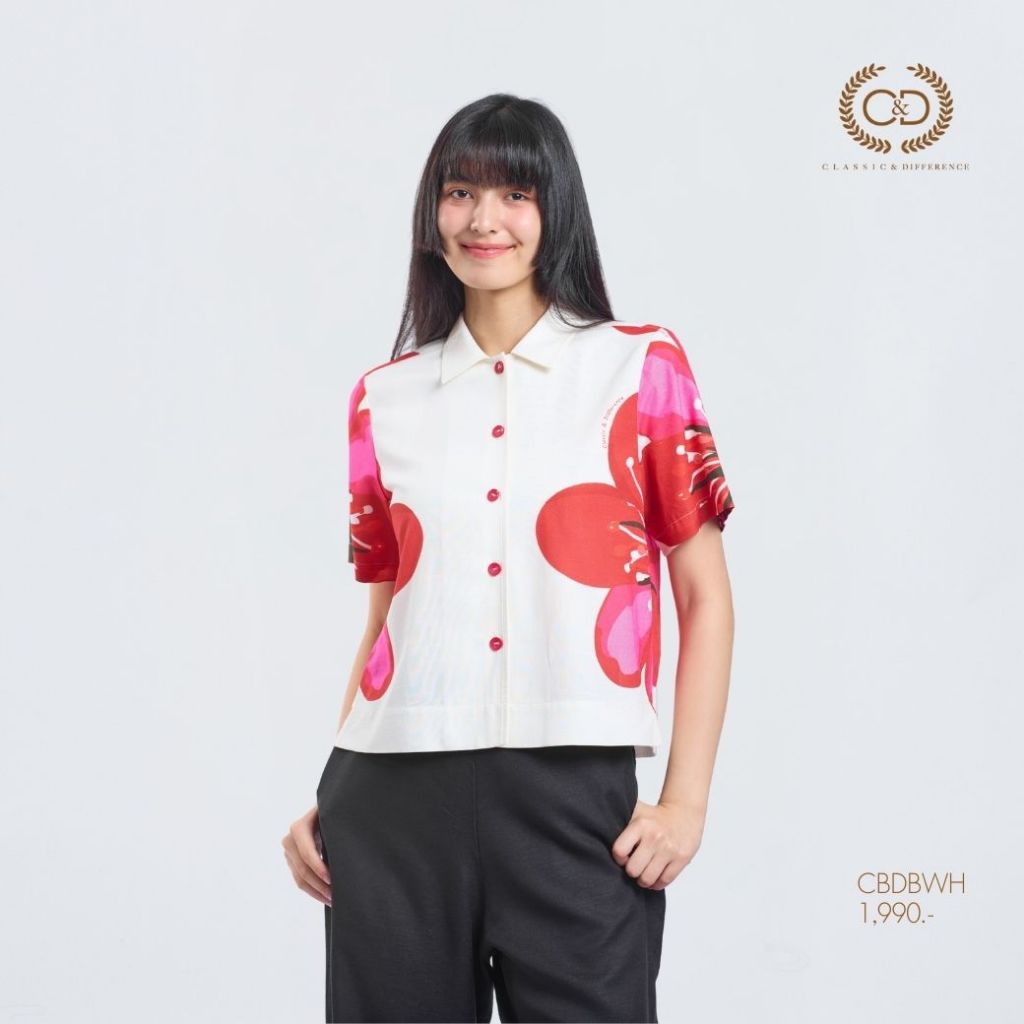 C&D woman's blouse Minimal Navy เสื้อผู้หญิง ลายปัก คอตั้ง แขนสั้น สีกรม C9Y9DB