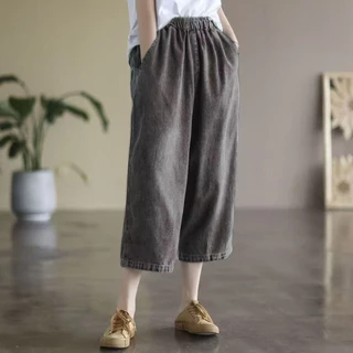กางเกงยีนส์ 7 ส่วน S-10XL เอวสม็อค กางเกงยีนส์ทรงกระบอกกลาง ผ้านิ่มใส่สบาย