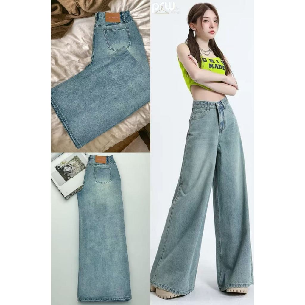 PRW.DNรุ่น#6612B กางเกงยีนส์ผู้หญิง ทรงกระบอก แต่งเฟดขา ทรงสวยผ้าไม่ยืด
