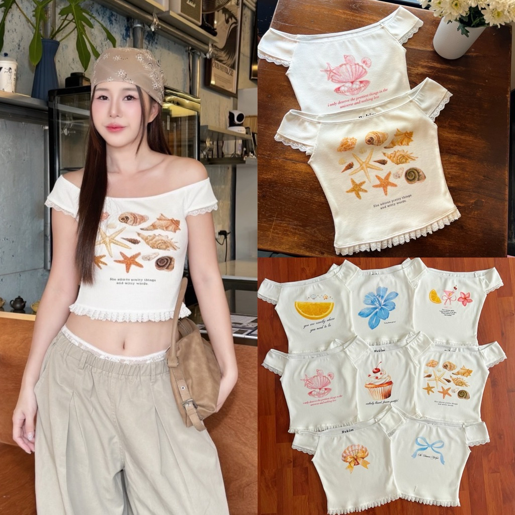 เสื้อปาดไหล่ลูกไม้ลายพิมพ์ Off Shoulder แขนสั้น สีขาว (Bykim) รุ่นใหม่