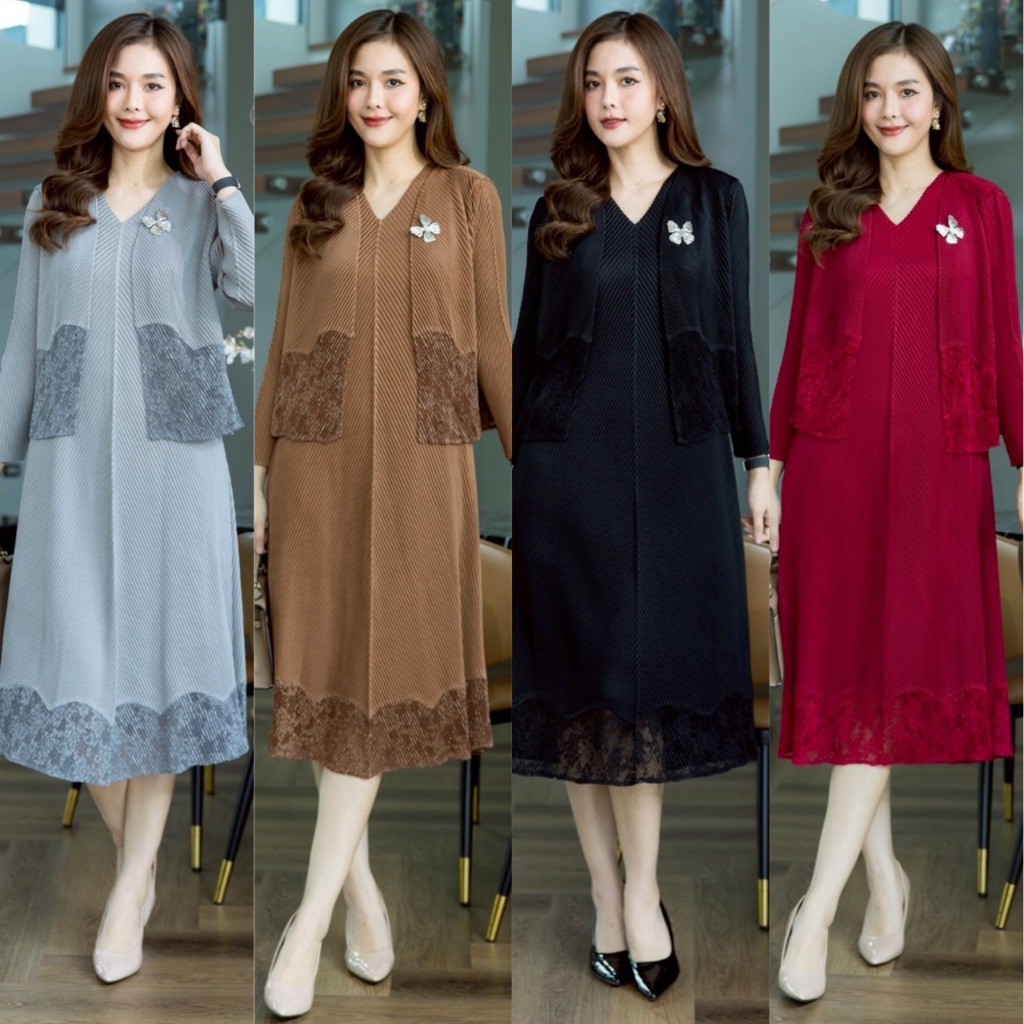 Cutie minute PD015925  เดรส+เสื้อคลุมผ้าอัดพลีทกระดูกงูเกรดพรีเมี่ย