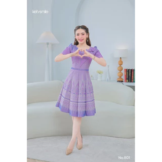 N801 สุพรรณษาเดรสผ้าไทยผ้าทอลายแต่งโบว์อก กระโปรงบานทรงย้วยต่อ 8 ชิ้น อัดกาวทั้งชุด