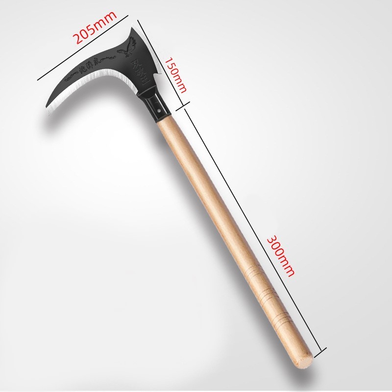เคียวตัดหญ้า ใบมีดโค้ง เหล็กแข็ง คมกริบ ด้ามไม้ 30 ซม. Grass Sickle Curved Blade Sharp Steel 205 mm. Handle 300 mm.