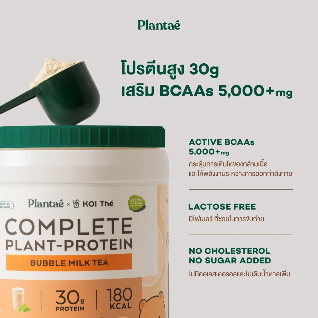 Plantae x KOI Thé Complete Plant Protein : Active BCAAs รส Bubble Milk Tea กระปุก800g โปรตีนพืช thumbnail 4