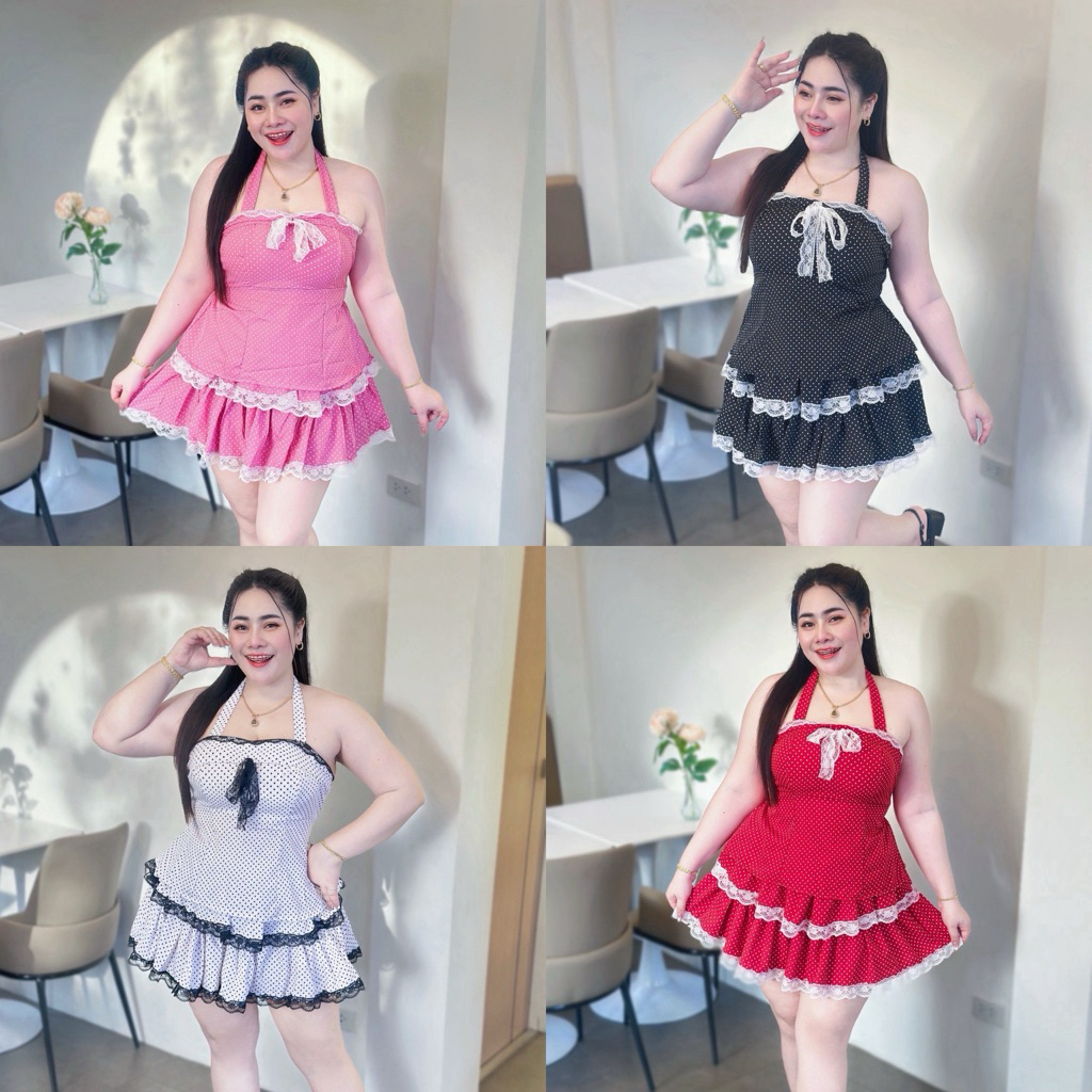 PB-S1D1🌹 เซ็ท 2 ชิ้น เกาะอกผูกคอ สม็อคหลัง +กางเกงกระโปรง มีซับในเป็นกางเกง เอวหน้าเรียบหลังสม็อค