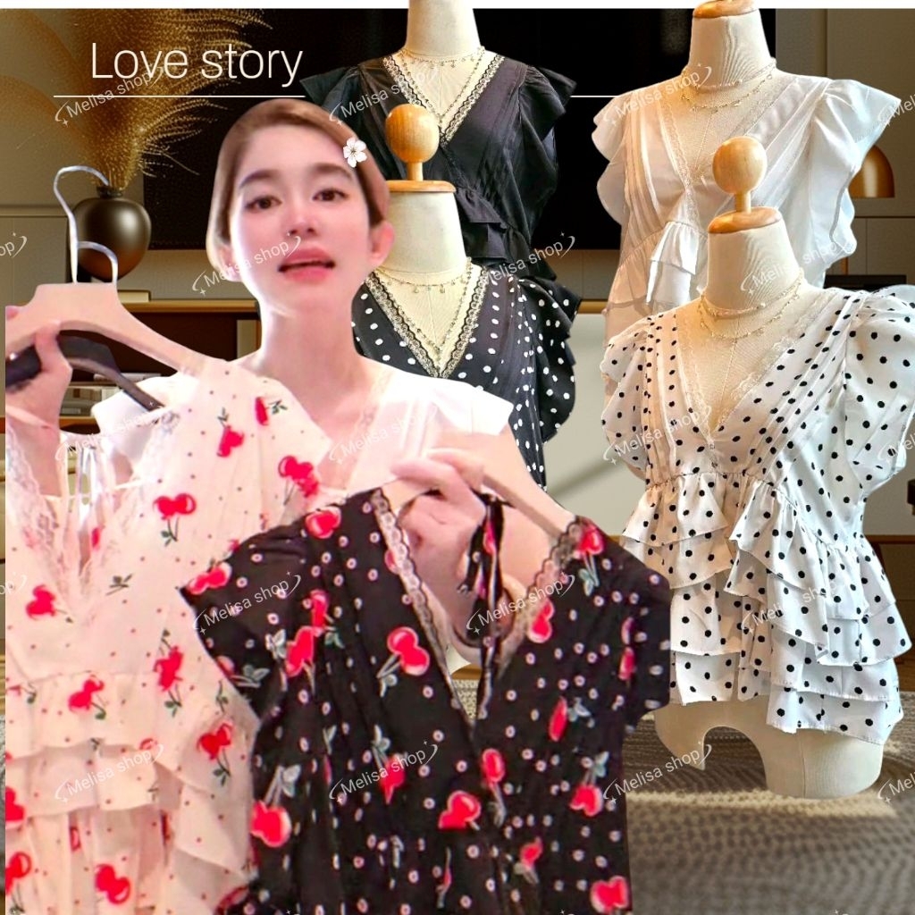 งานป้ายบน love story เสื้อขนมชั้น คอวี แต่งลูกไม้​ ลายดอก