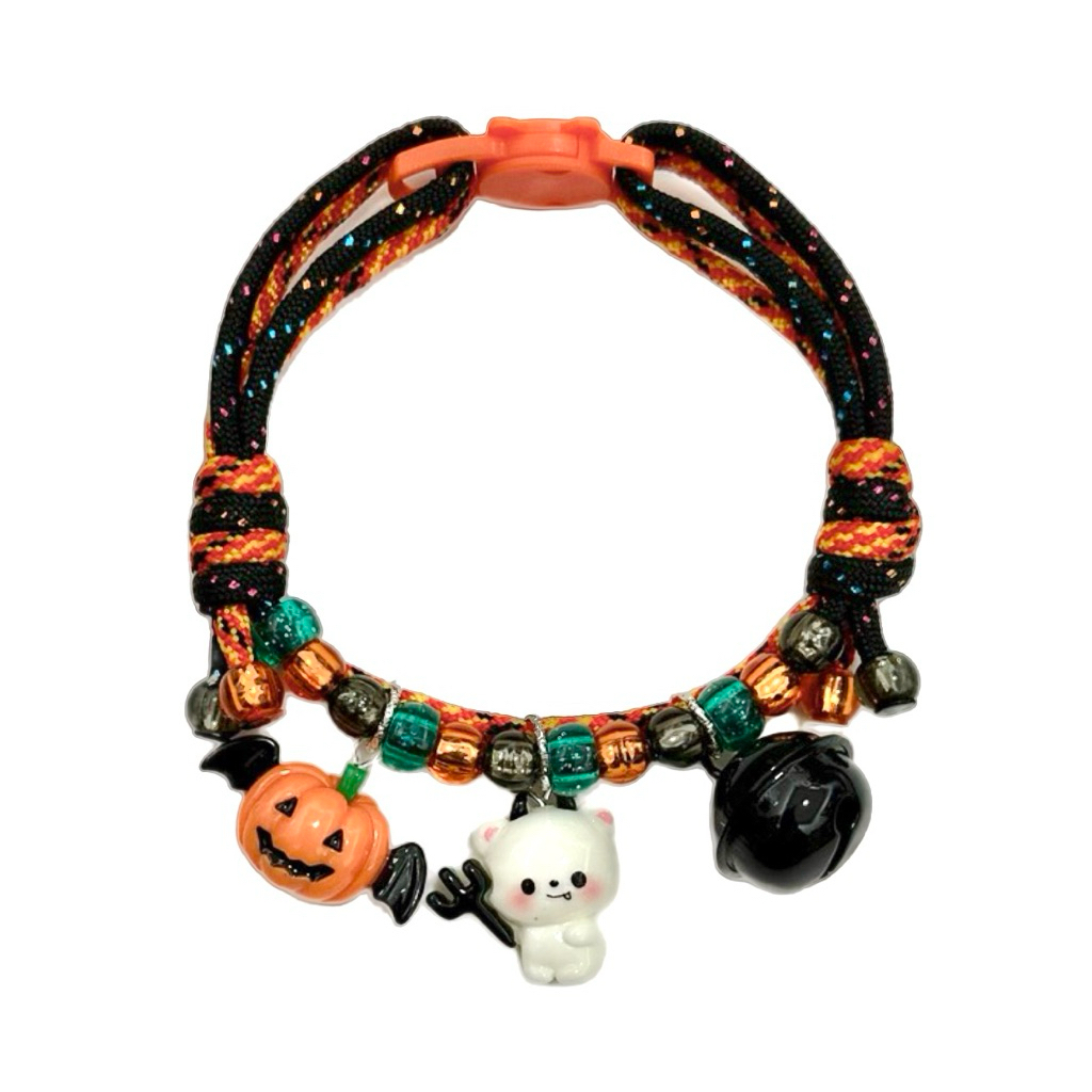 Halloween ฮาโลวีน ปลอกคอแมว รอบคอจริง 20-30 cm เชือกสีดำมีกลิตเตอร์หลากสีสะท้อนแสงไฟ รูดขยายปรับขนาดได้ มีตัวล้อคนิรภัย